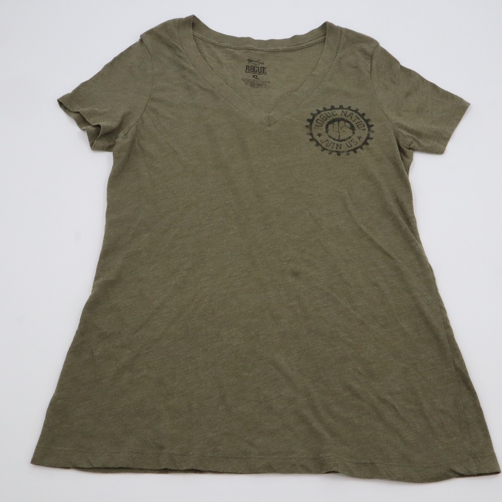 Palmer Cash Rogue Nation V-Neck Graphic Tee Womens XL Green Dare Risk Dream